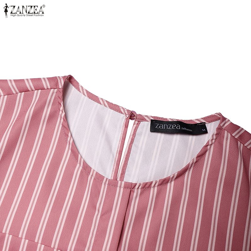 ZANZEA Women Casual Round Neck 3/4 Sleeve Stripe Loose Dress