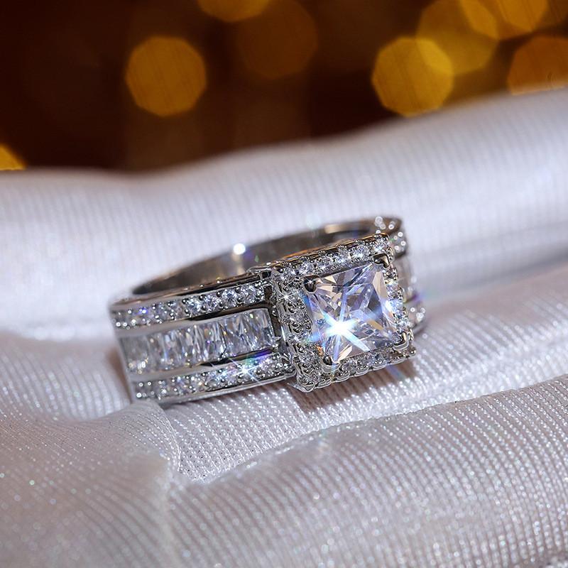 Sterling  Princess Cut Cubic Zirconia Rings for Women Luxury Wedding Party Accessories Fashion Jewelry Gifts