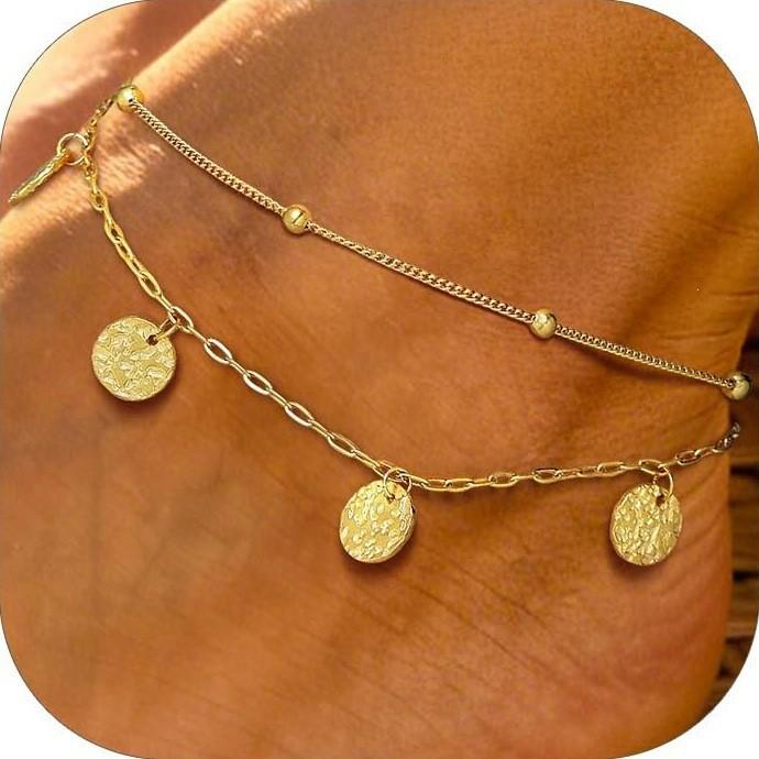European-American Layered Embossed Round Pendant Anklet - Women's Double-Layer Beaded Chain Foot Jewelry for Summer Beach.