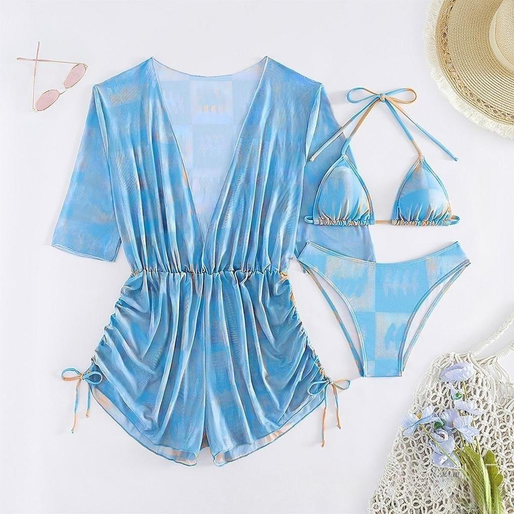 New long-sleeved three-piece mesh waist drawstring printed split bikini swimsuit