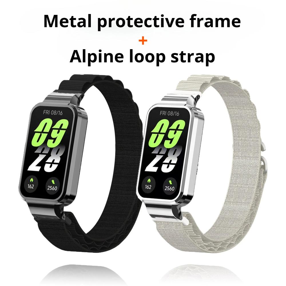 2in1 Set Nylon Loop Strap and Metal Watch Case Suit For Redmi Watch Band3 Band2/Xiaomi Mi band 9 Active/8 Active Alpine Loop Wave Strap and Watch Case
