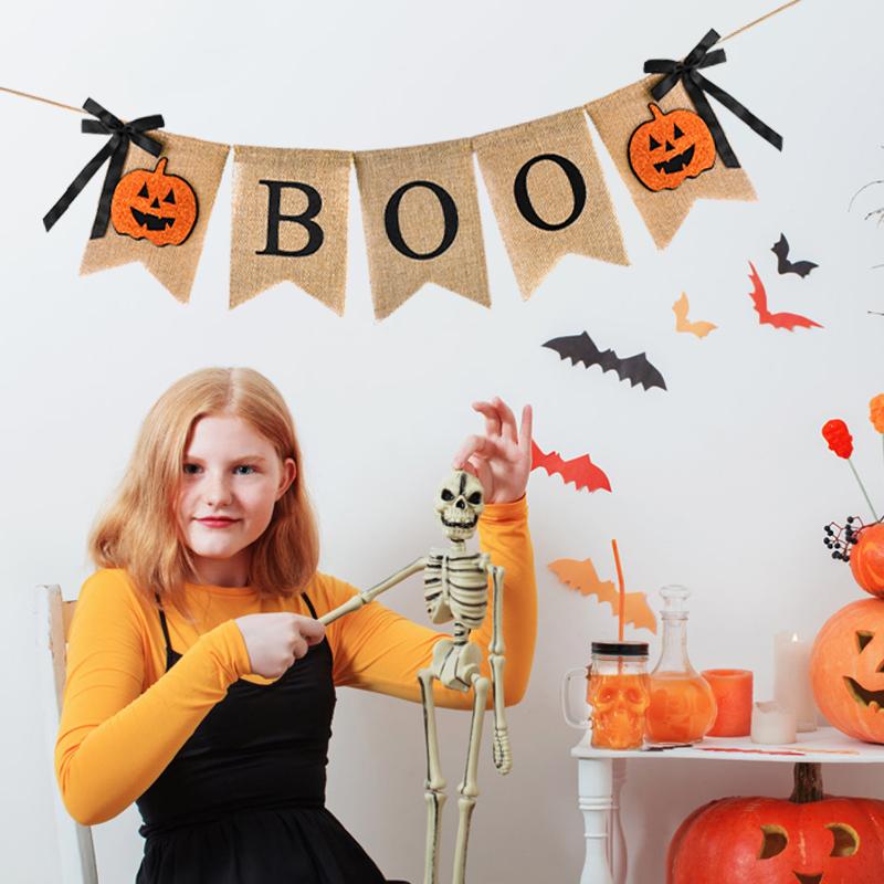 

Halloween Burlap Banner BOO Pumpkin Bunting Flag Rustic Hanging Garland for Home Fireplace Halloween Party Decoration Supplies
