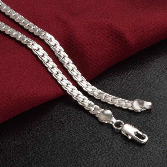 Simple Flat Curb Silver Plated Chain Lobster Clasp Bracelet Women's Jewelry