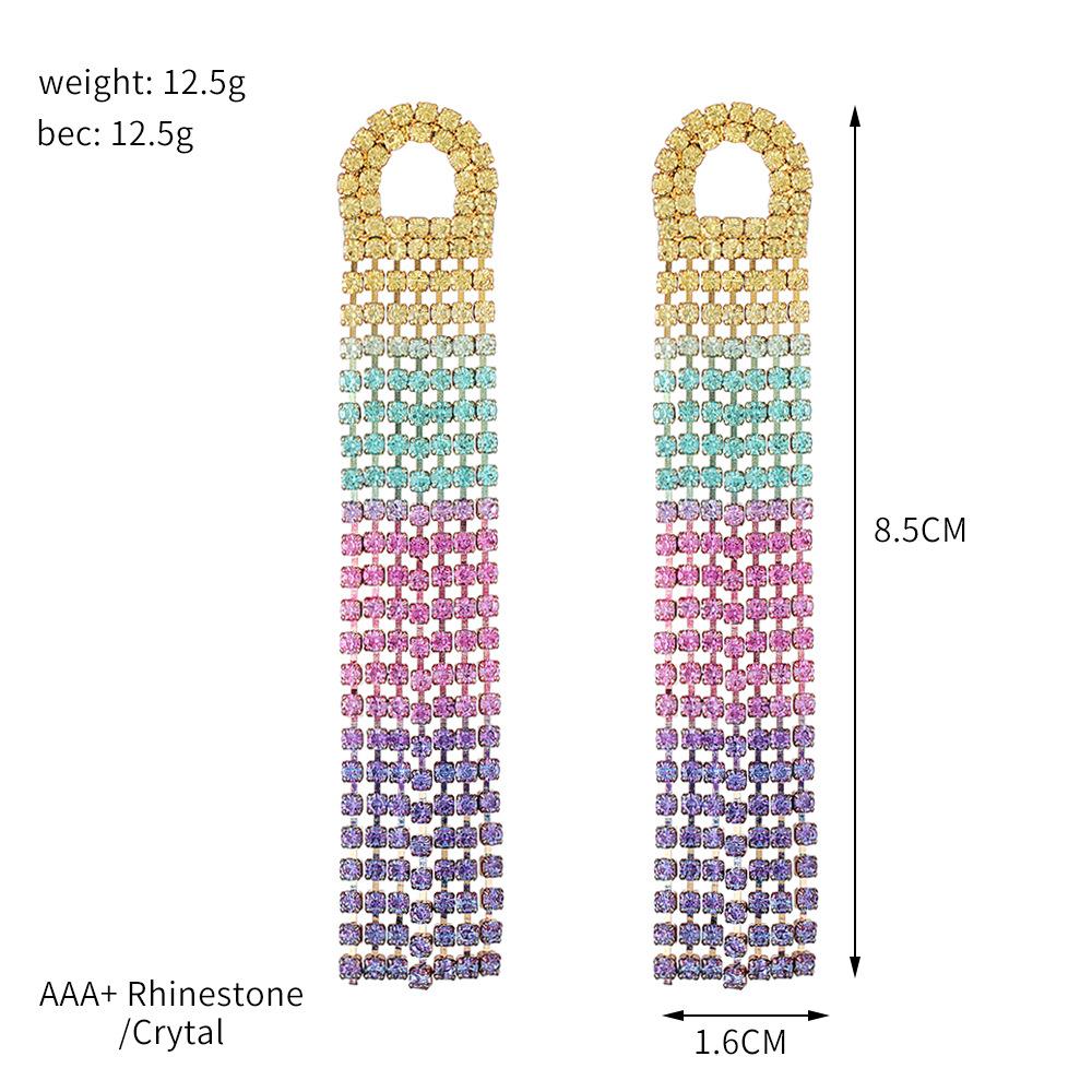 Elegant Long Tassel Rhinestone Stud Earrings Women's Wedding Performance Stage Multi-Color Gradient Slimming E775