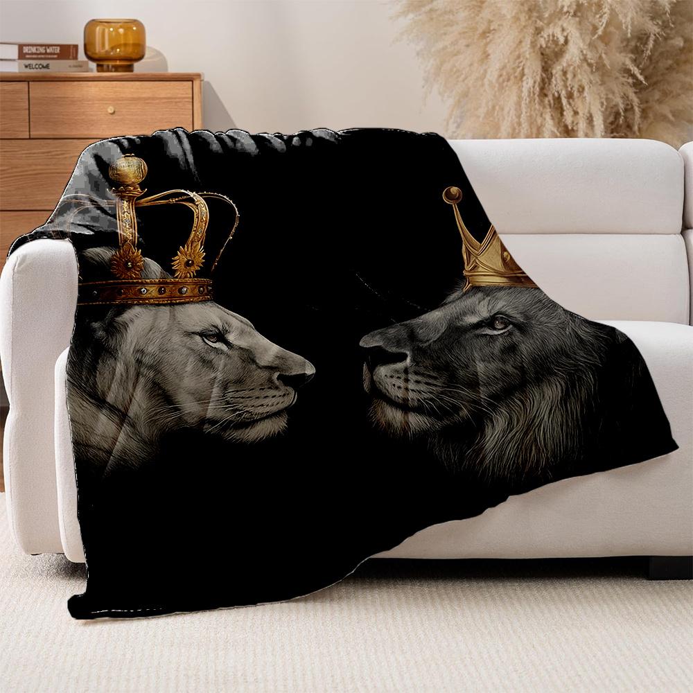1pc Kings and Queens Lion King Lion Queen Crown Print Flannel Blanket, High-Grade Flannel Blanket, Light -Friendly Warm Blanket