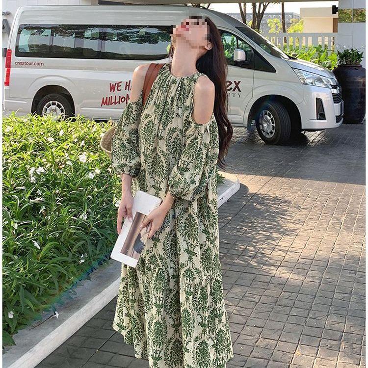 Floral Print Off-Shoulder Halter Neck Maxi Dress - Tummy Concealing, Slimming, Plus Size, Summer Style L 90-120 lbs