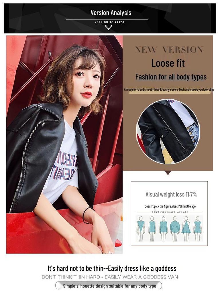 European & American Style Women's Motorcycle Leather Jacket with Oblique Zipper and Long Sleeves