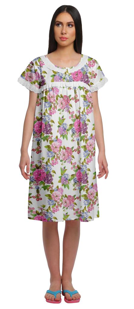 Moomaya Printed Short Sleeve Knee Length Nightdress Round Neck Sleepwear