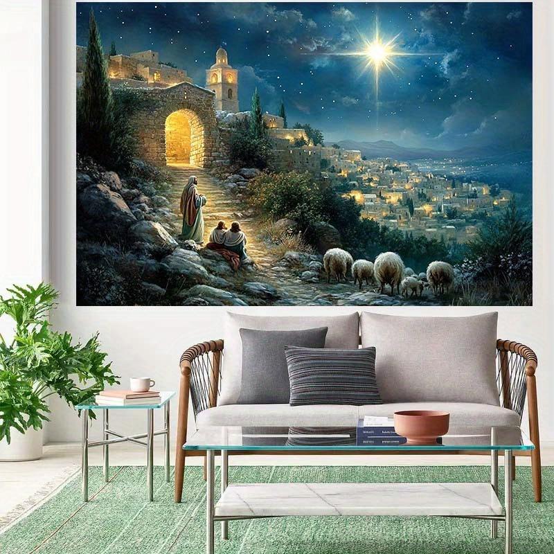 Bible Birth Scene Photography Background Fabric, Shepherd and Town, Polyester, Suitable for Christmas and Birthday Parties