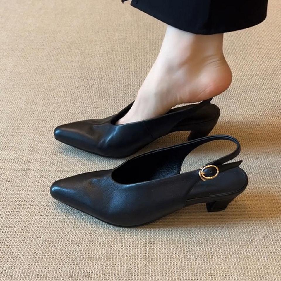 

Keep version~ pointed one-pedal soft leather single shoes women s versatile retro thick-heeled sandals with commuter high heels 40 чорний