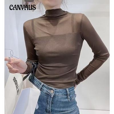 Spring and Autumn Women's Blouse Fashion Versatile Slim and Thin Solid Color High Elastic Mesh Large Elastic Long-sleeved Bottoming Shirt