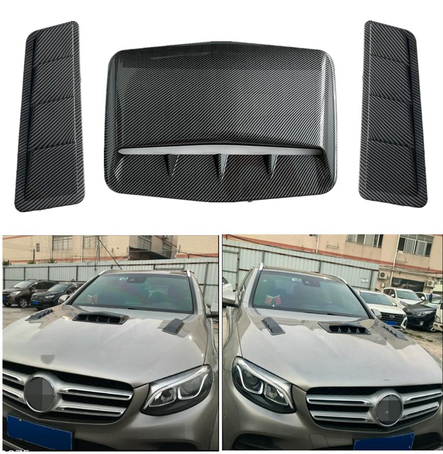 3Pcs Glossy Carbon Finer Look Car Air Flow Intake Hood Scoop Vent Shark Fins Bonnet Decorative Cover Universal Car Styling Middle + Both Sides