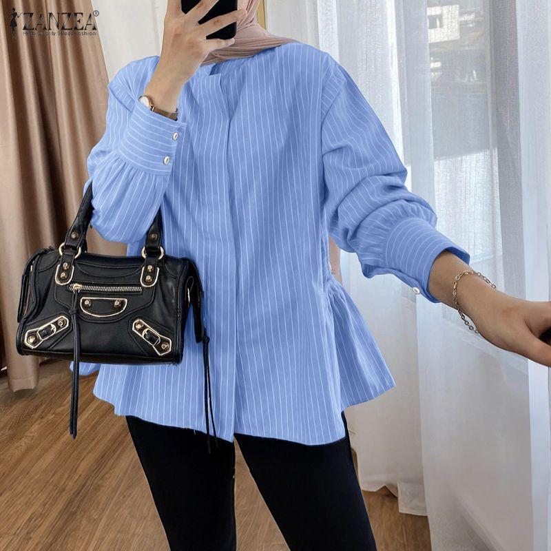 ZANZEA Women Casual Stand Collar Loose Long Sleeve Stripe Blouse