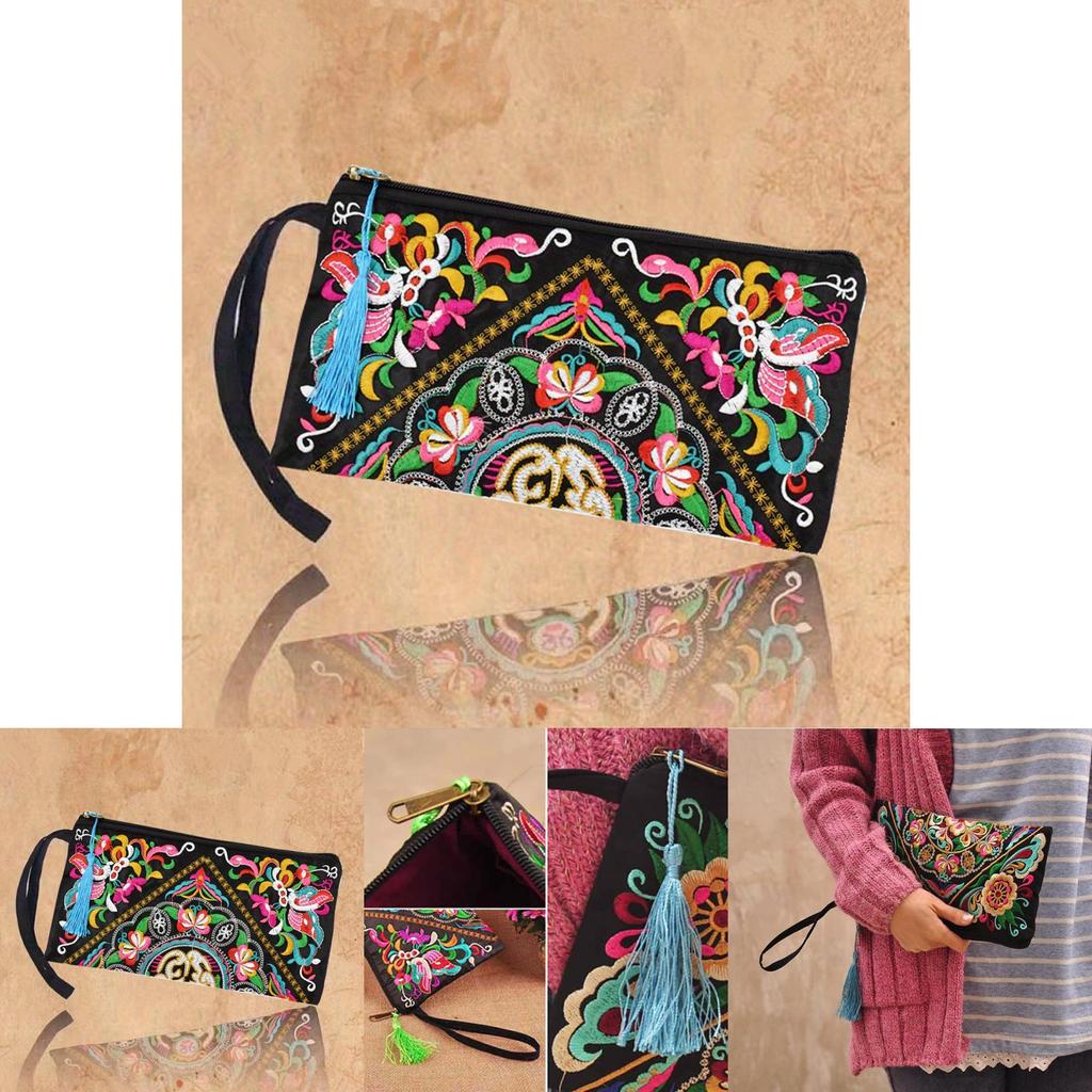 Ethnic Embroidered Long Wallet With Tassel Polyester Fabric Retro Style