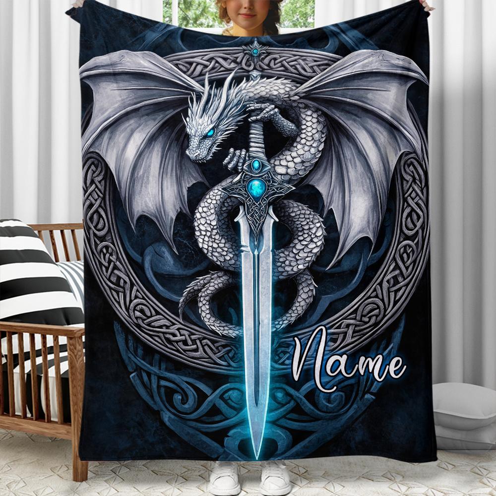 Custom Dragon And Sword Fleece Blanket Personalized Name Fantasy Print Throw Soft Warm All Season Bedding Gift For Men