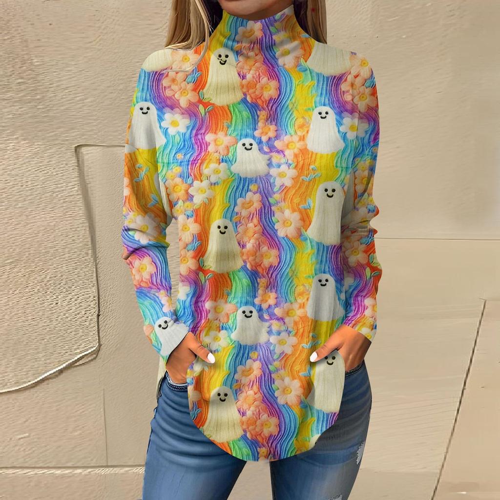 Dam Lös Höghalsad Tryckt Långärmad T-shirt Topp Pullover För Halloween