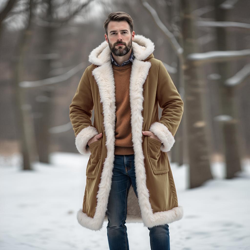 Men Fleece Lined Trench Coat Hooded Long Warm Jacket Wind Proof  Jacket Coat With Pockets