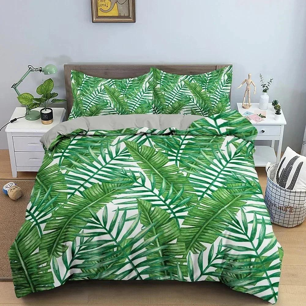 Tropical Plant Bedding Set Green Leaves Duvet Cover With Zipper Closure Comforter Cover Queen King Full Polyester Quilt Cover