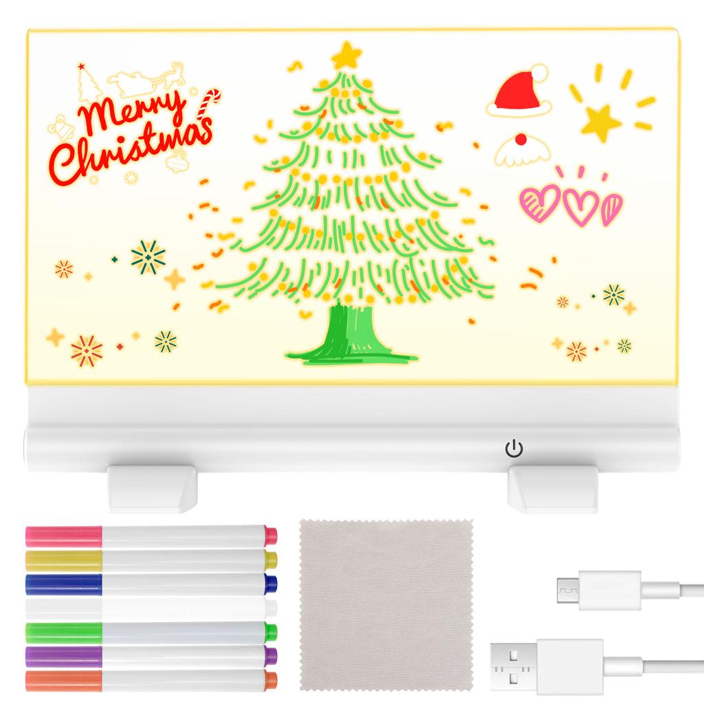 LED Luminous Drawing Board Erasable Light-Up Doodle Pad Kid Painting Toys Acrylic Note Board Memo Board with Stand and 7 Markers