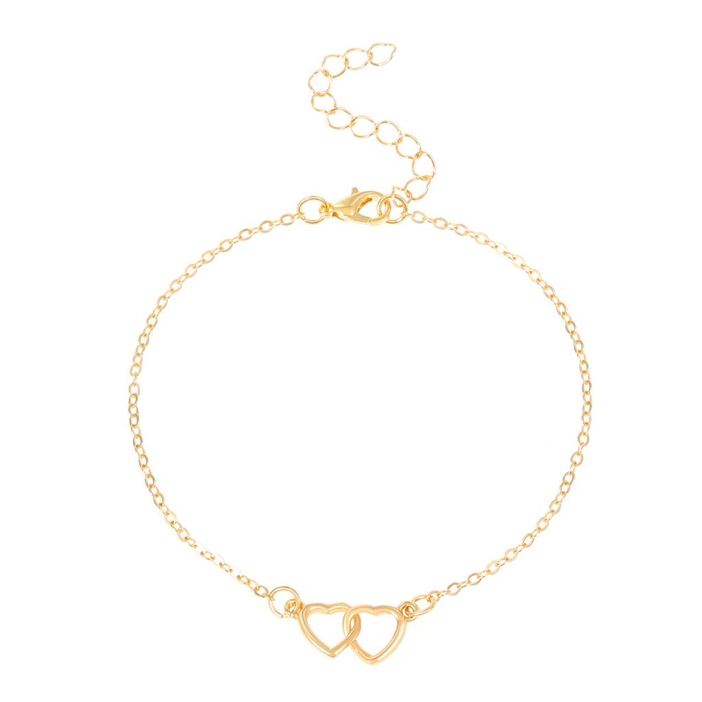 Interlocking Double Hollow Heart Thin Chain Anklet Minimal Romantic Adjustable Foot Jewelry for Women Beach Daily Accessory