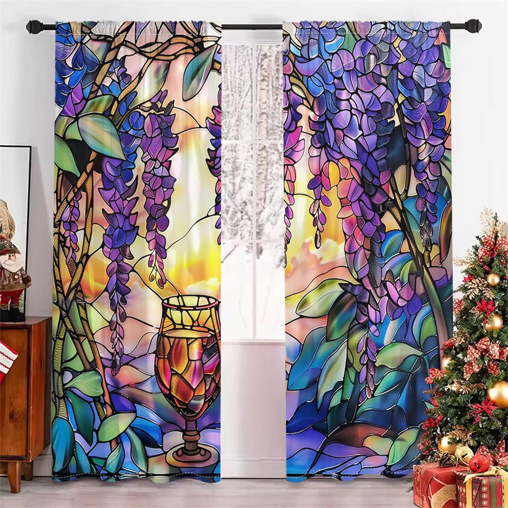 2 Piece Romantic Abstract Wisteria Flower Curtain Red Green Blue Glass Wine Glass Color Living Room Bedroom Decorative Curtain
