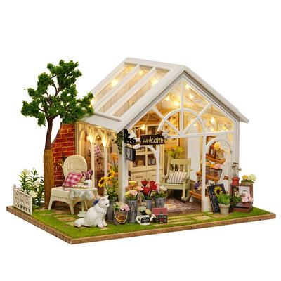 Dollhouse Miniature DIY Kit A Blue Cat Welcomes A Flower Shop Filled with Light from a Includes LED Acrylic and Music (moin Moin) Set Ribbon-wearing