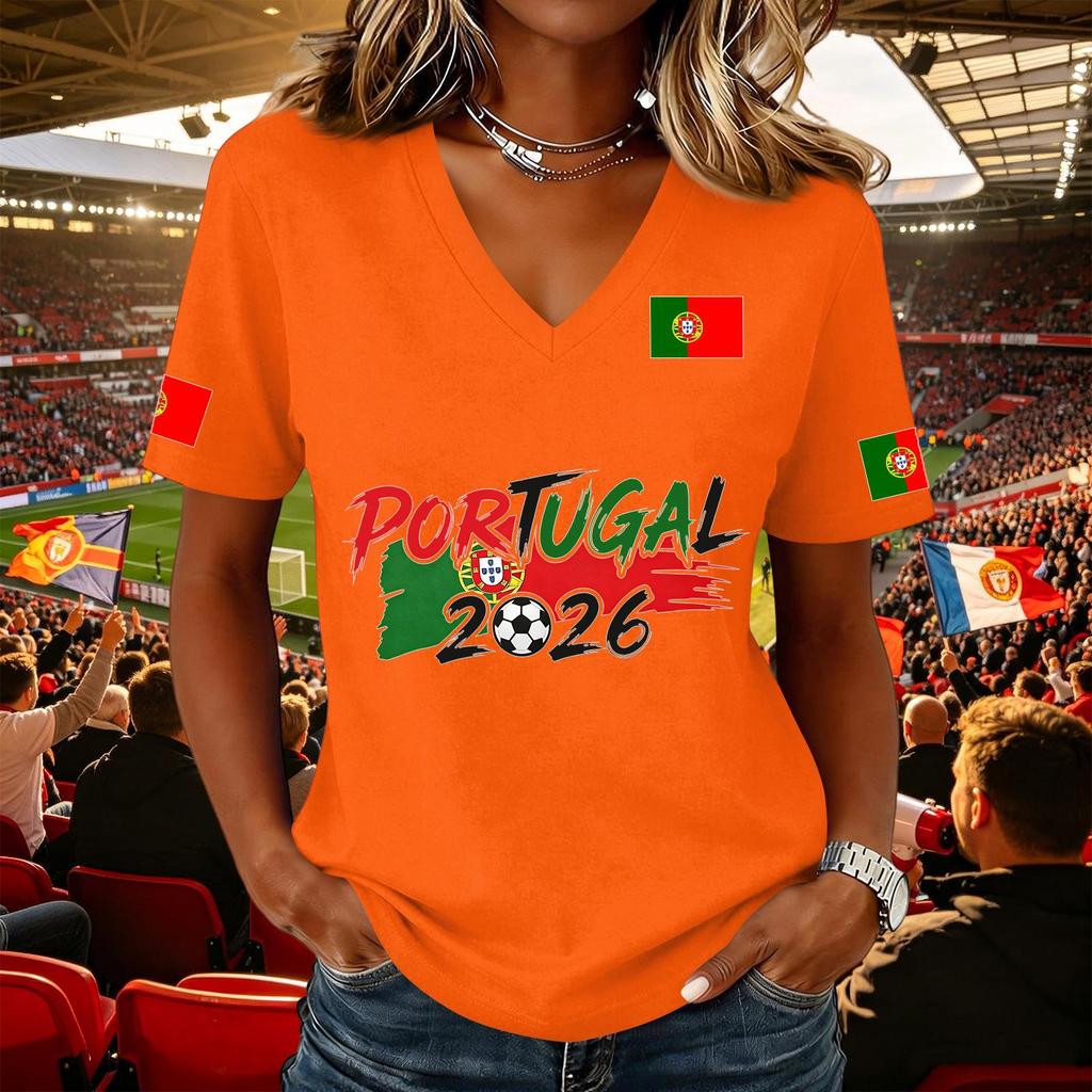 Women's Casual V Neck Short Sleeve Pullover Top with Soccer Flag Print Portugal 2026 Support Shirt for Fans and Sports Events