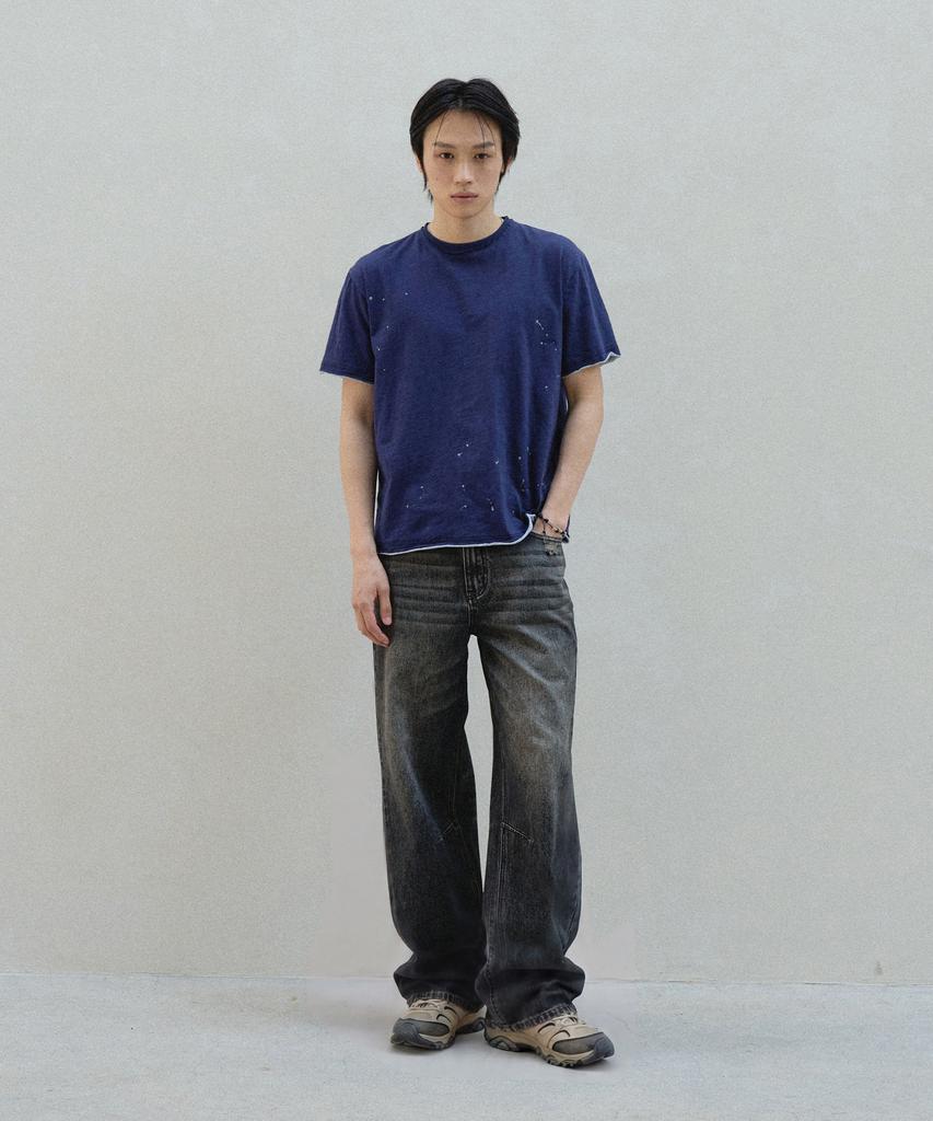 SLOWACID Layered Painting Short Sleeve T-Shirt [Navy]