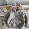 Kinder Fleece Kapuzenpullover mit Hasenohren Gestreiftes Warmes Winter Oberteil für Jungen und Mädchen