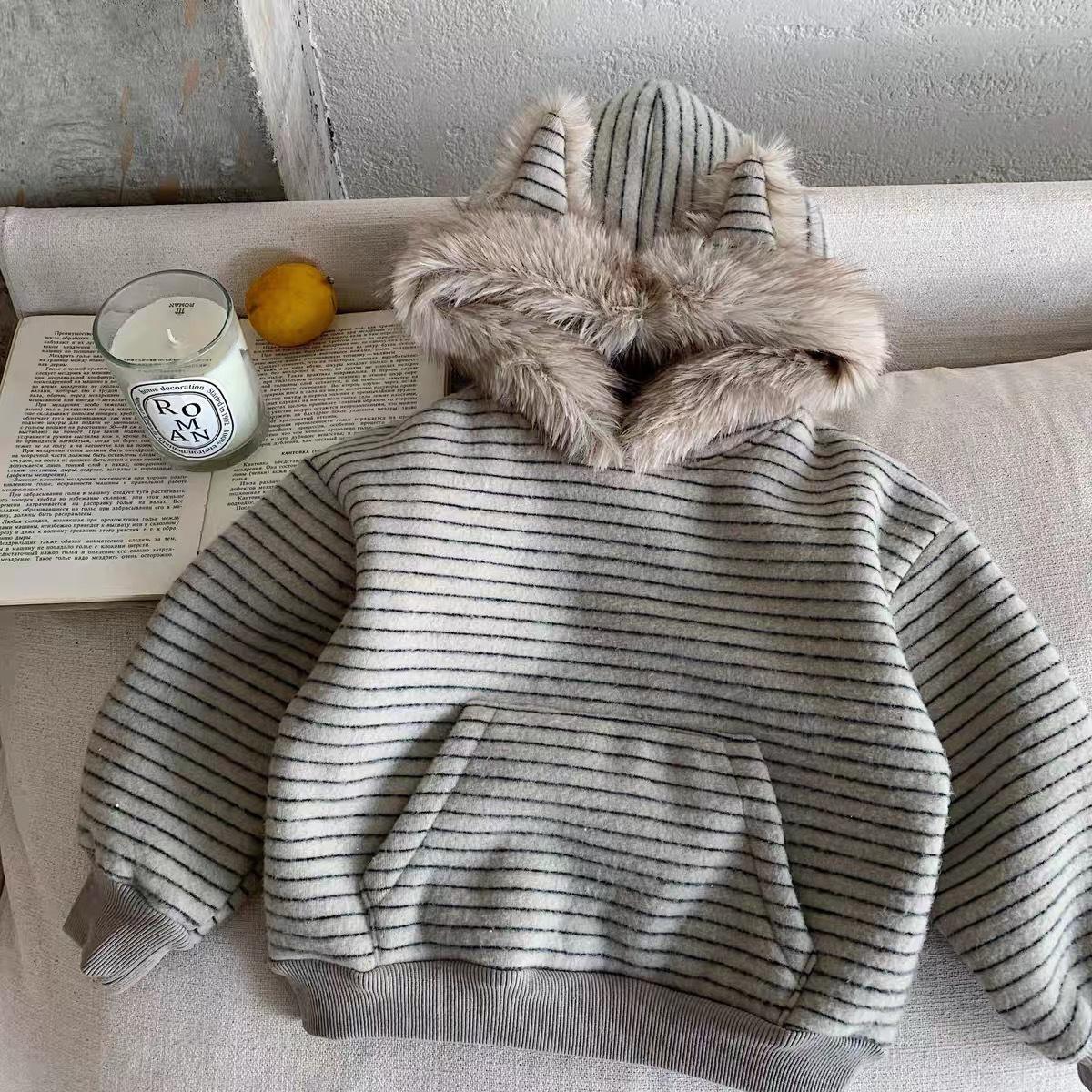 Kids Fleece Hoodie with Bunny Ears Striped Warm Winter Top for Boys and Girls 80