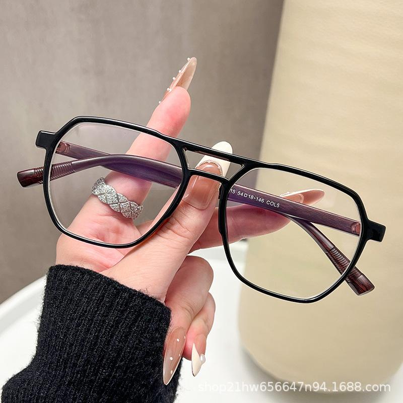 Korean Style Retro Geometric Women's Glasses Frame: Large, Double Bridge, Anti-Blue Light, Flat Lenses