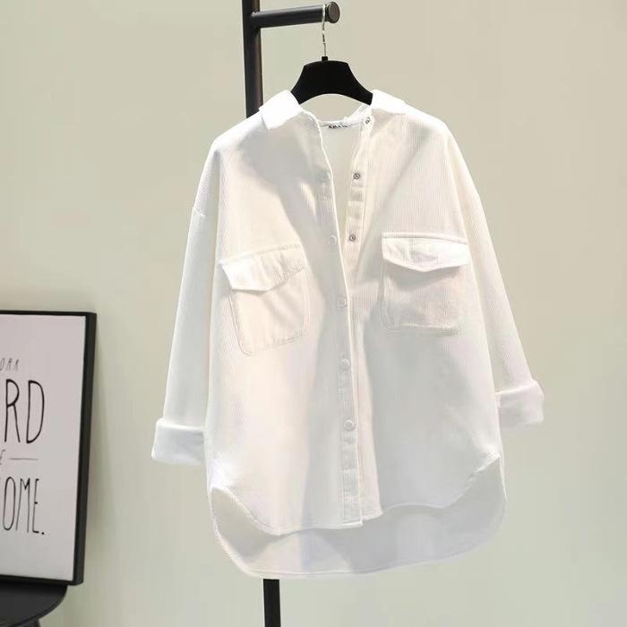 

Women s Retro Corduroy Long Sleeve Shirt - New 2023 Autumn/Winter Korean Style, White, Loose Fit, Versatile & Brushed Finish. 2XL белый
