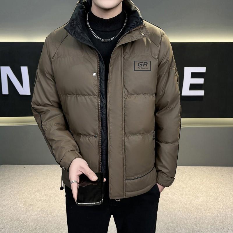 Mens Short Winter Down Jacket Color Block Windproof Warm Fashionable Stand Collar Non-Hooded