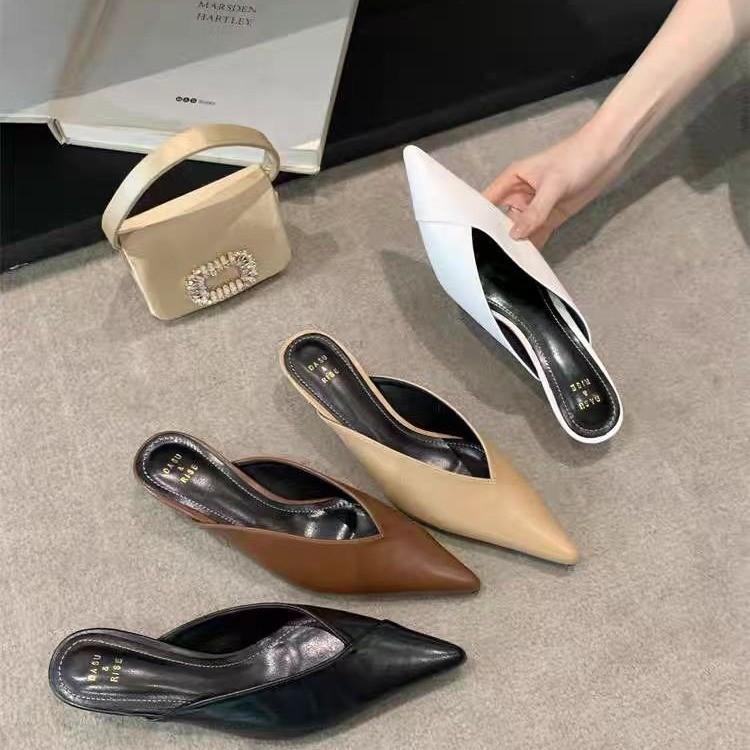 2025 summer French simple temperament bag head half slippers women's shoes wear versatile one-pedal middle heel sandals