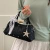 Fashion Korean Bowling Bag, Women's Lace Bow Decor Handbag, Rivet Motorcycle Bag Solid Color Casual Versatile Crossbody Bag