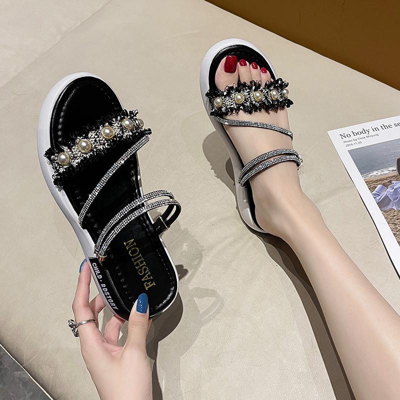 With skirt, two slippers for women, and 2024 summer new Korean version muffin thick-soled one-word bow sandals for women