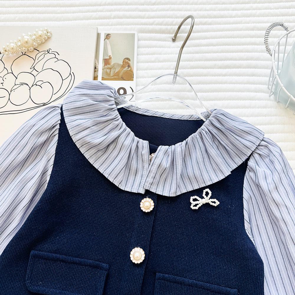 Girls' Autumn 2026 Trendy Patchwork Top and Striped Flare Pants Two-Piece Set