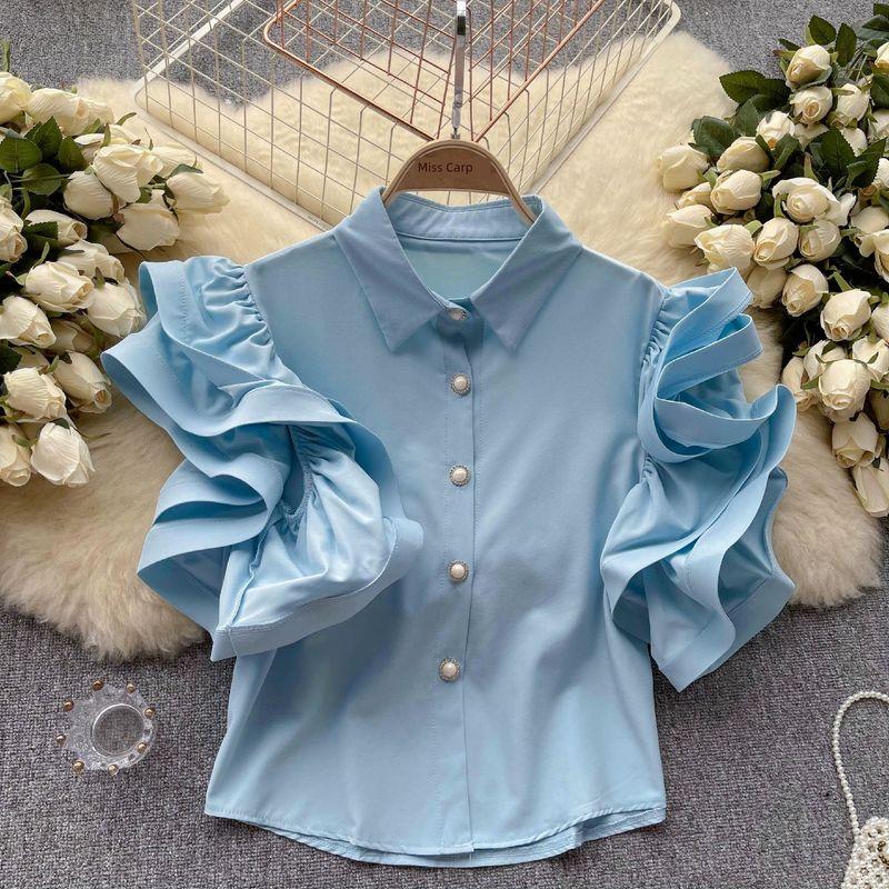 

Niche Style Ruffles Summer Fashionable Stylish Lapel Shirt Blue All yards