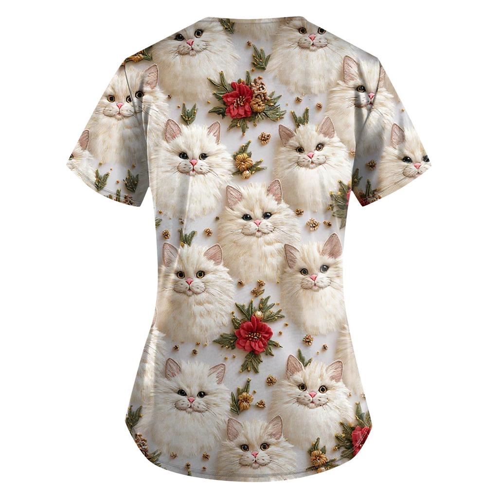 Γυναικεία μπλουζάκια εργασίας με κοντό μανίκι με μοτίβο V με λαιμόκοψη