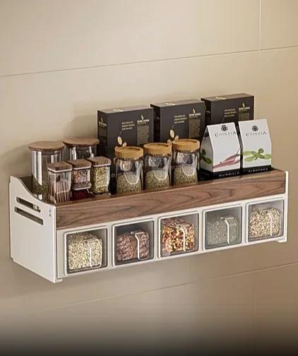 Wall Mounted Wooden Kitchen Shelf, Spice Bottle Organizer, Multifunctional Free of Holes To Remove and Washable