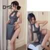 2 Pcs/Set Nightdress Panties Set High Split Hollow Out Sleeveless Backless Solid Color Qipao Style Cosplay G string Nightgown Set