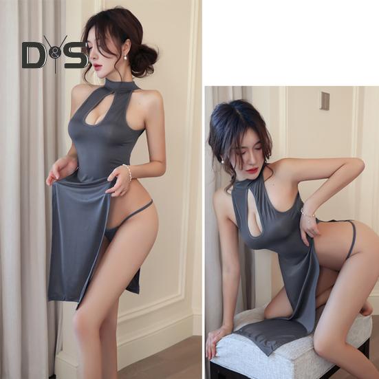 2 Pcs/Set Nightdress Panties Set High Split Hollow Out Sleeveless Backless Solid Color Qipao Style Cosplay G string Nightgown Set