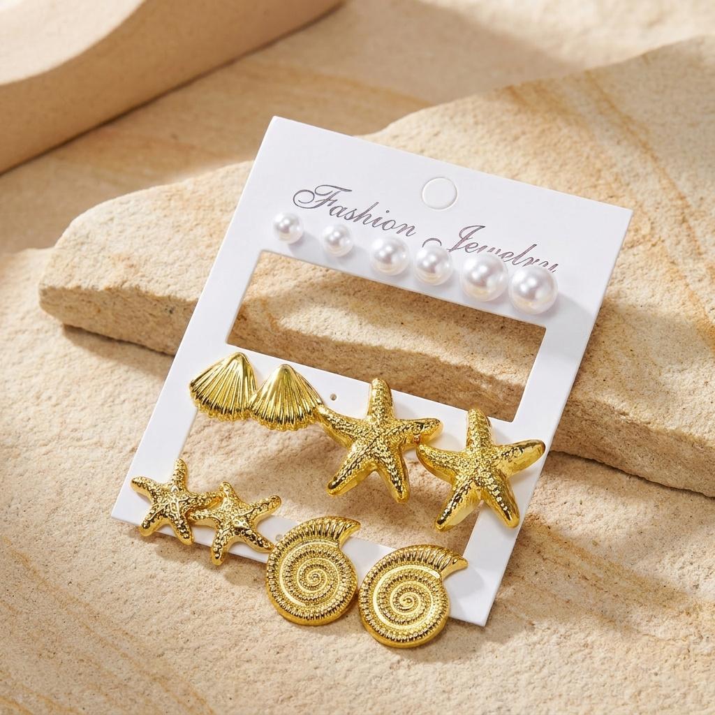Summer CCB Starfish Seashell Conch Stud Earrings Set for Women Gold Color Star Geometric Earrings Trendy Seaside Beach Jewelry