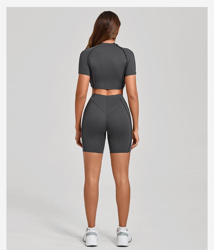 European & American 3D Patchwork Quick-Dry Yoga Set: Tight Short Sleeve & Shorts