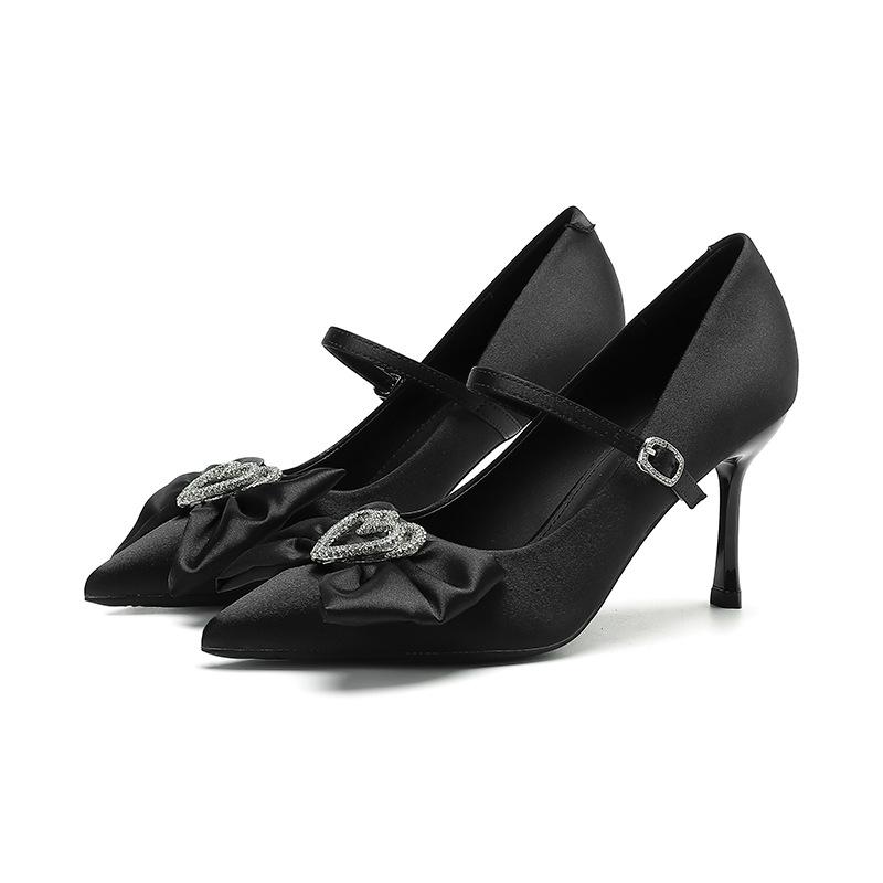 1-Love rhinestone bow single shoes women's one-word pointed stiletto high heels women's suede high heels women's shoes