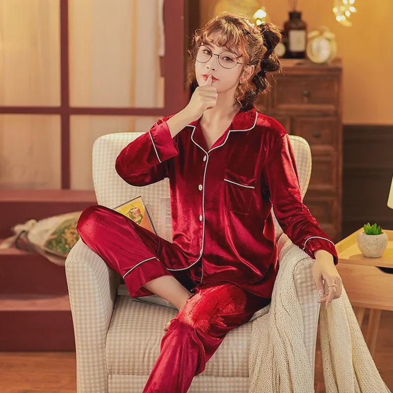 

Gold Velvet Unisex Pajama Set: Loose, Warm Solid Color Cardigans for Couples - Perfect for Autumn and Winter M