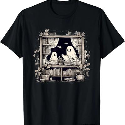 Spooky Ghosts Reading Books Library Bookworm Retro Bookish T-Shirt