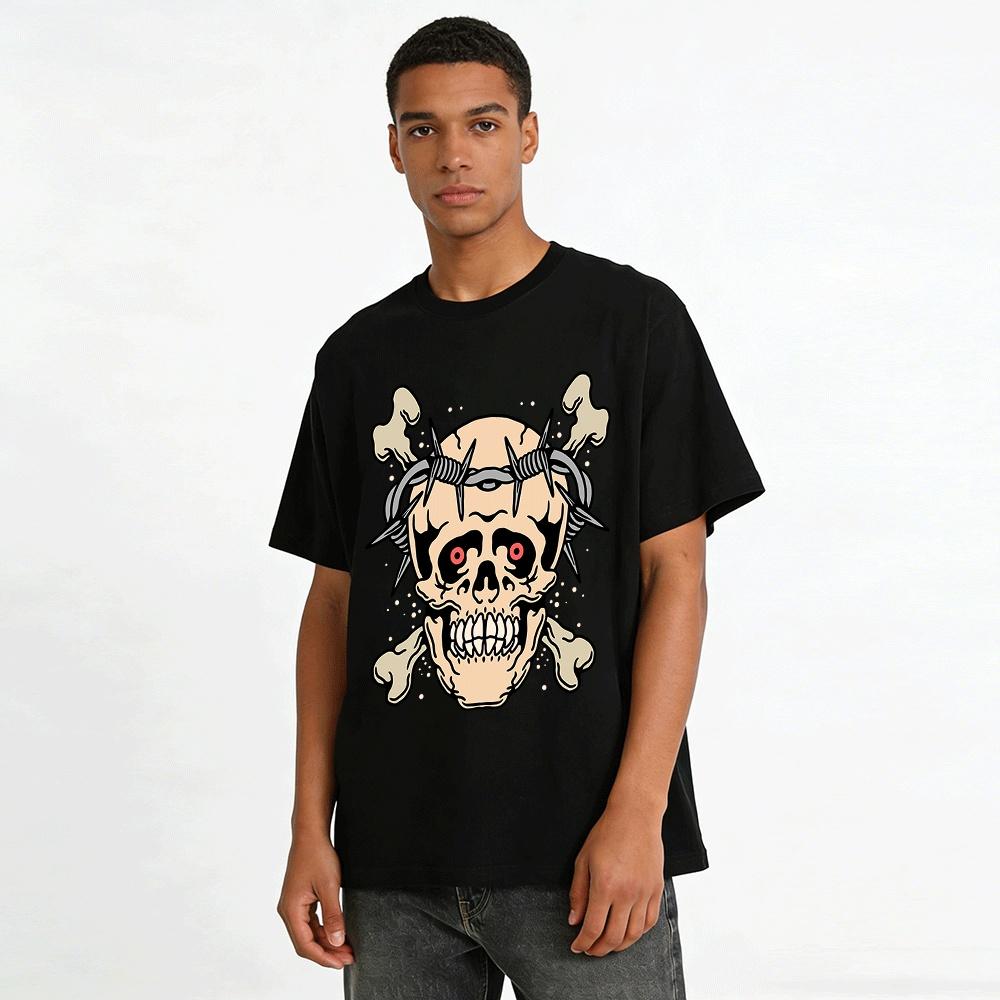 Thorn Skull Print Cool Trendy Casual Crewneck Long Sleeve T-Shirt Pure Cotton T-shirt