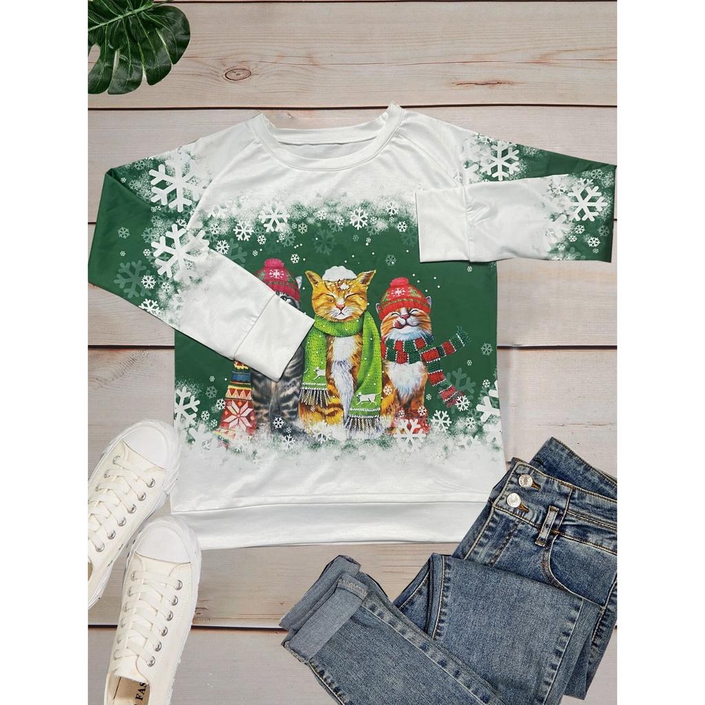 Top alla moda casual a manica lunga da donna, con scollo rotondo e stampa 3D a motivo di gatto, per Primavera e Autunno