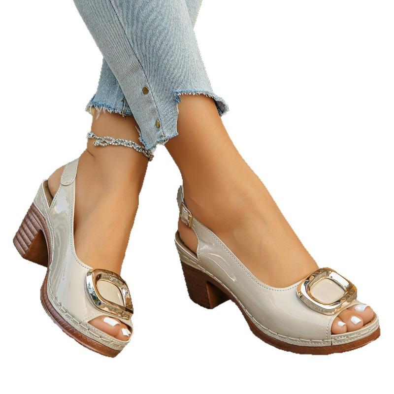 Women’s Peep-Toe Metallic Buckle Block Heel Sandals, Shiny Leather, Summer Beach Wear